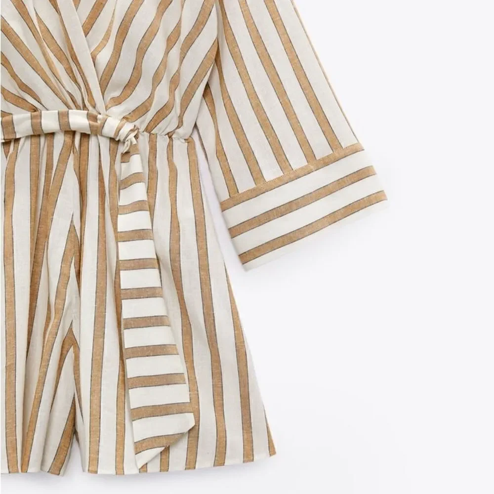 Zara Linen Blend Jumpsuit Striped New
